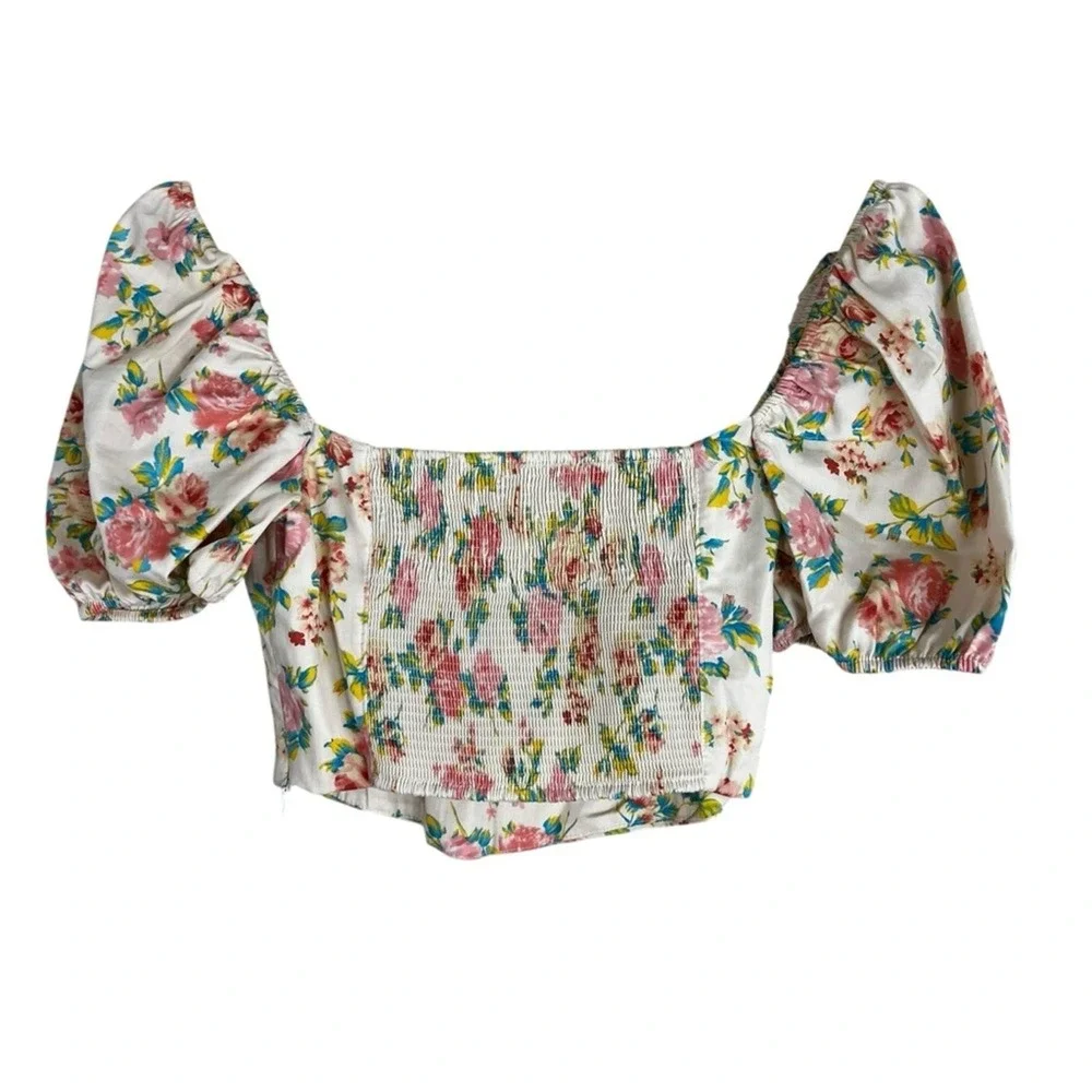 Zara Blouse Womens S White Floral Cropped Puff Sleeve Cottagecore Milkmaid
